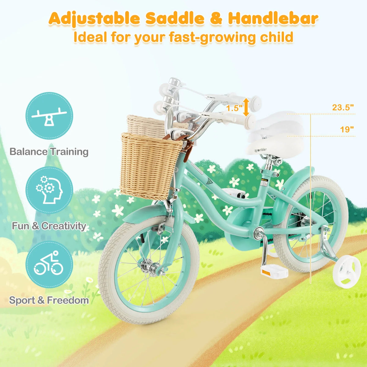 Prorider 16" Kid’s Bike with Training Wheels Adjustable Handlebar Seat Handbrake Pink