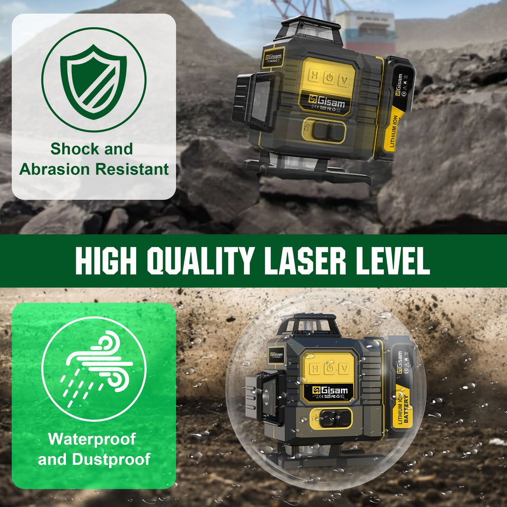 Gisam Laser Level with Tripod , 4x360 Self-Leveling Green Cross Line 4D Laser Tool with Remote Control & 2* 4800mAh Battery