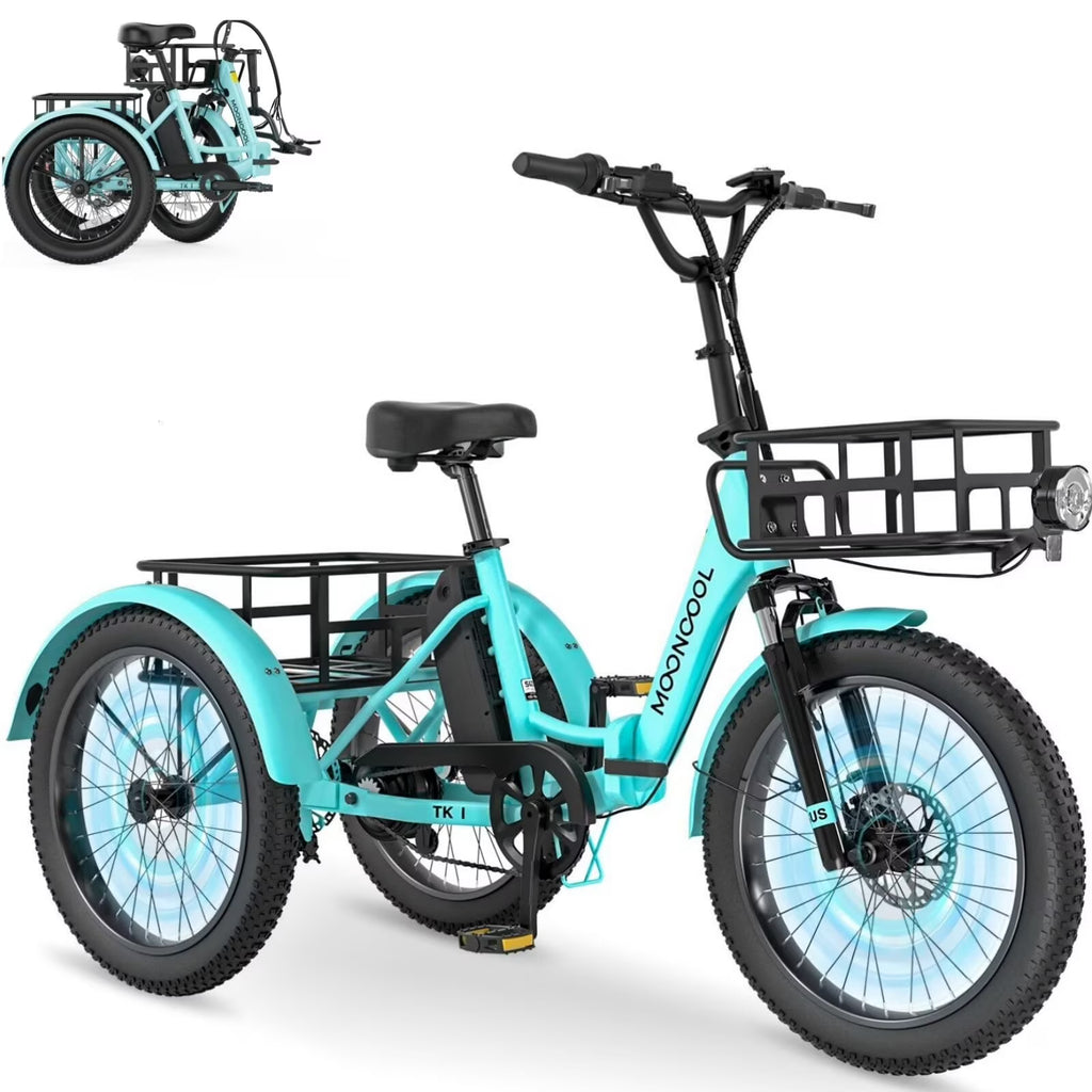 MOONCOOL TK1 Folding Electric Tricycle for Adults,48V 14.5Ah Removable battery, 500W Peak 1000w Motor, 20" Fat Tire Step-Thru 3Wheel Electric Bicycle w/Front&Rear Baskets, Certified to UL 2849 by SGS