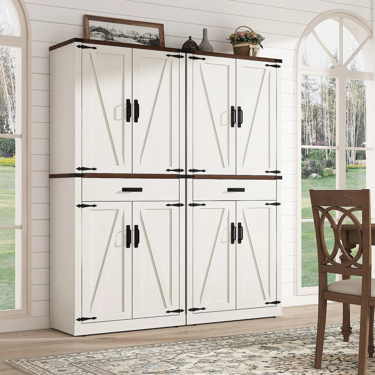 72" Tall Farmhouse Kitchen Pantry Cabinet w/1 Drawer & 4 Roomy Storage Shelves, Versatile Wood Storage Cabinet with 4 Barn Door & Adjustable Shelves &  for Dining Room Bathroom Utility Room