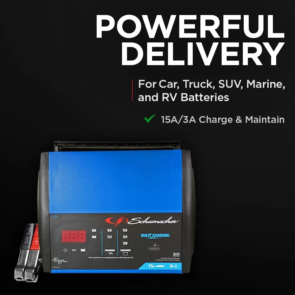 Schumacher Electric 15A Car Battery Charger and Maintainer, Battery Tester, 6V/12V Sport, Auto, and Marine Batteries, SC1359