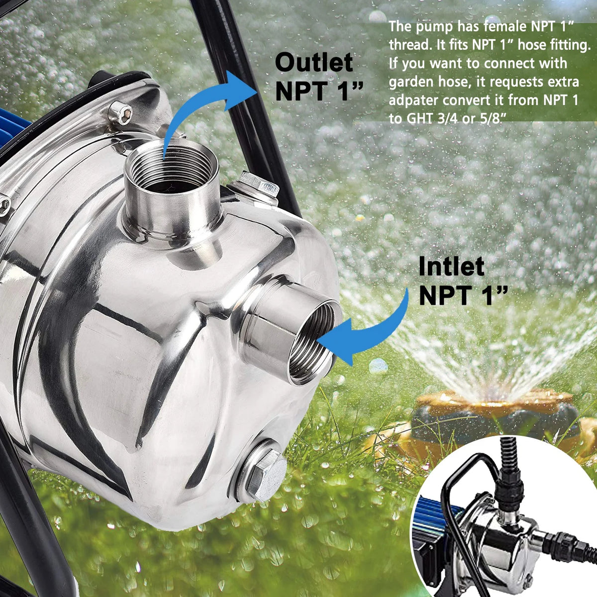 FLUENTPOWER 1HP Portable Stainless Steel Sprinkler Booster Pump, Electric Shallow Well Pressure Pump for Home Garden Lawn Irrigation and Water Transfer, with 1" NPT Female Thread