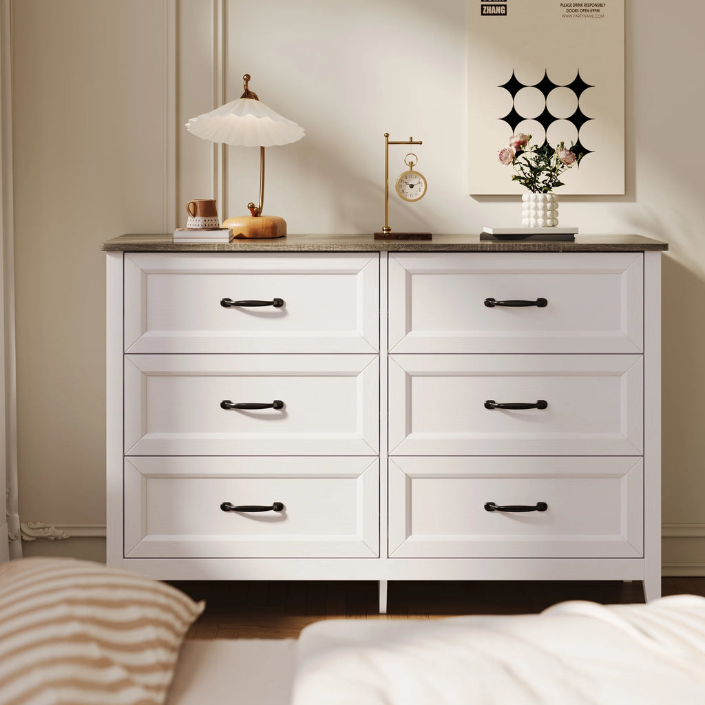 White Dresser, Lofka 6 Drawer Dresser for Bedroom, Chests of Drawers for Living Room, White Brown