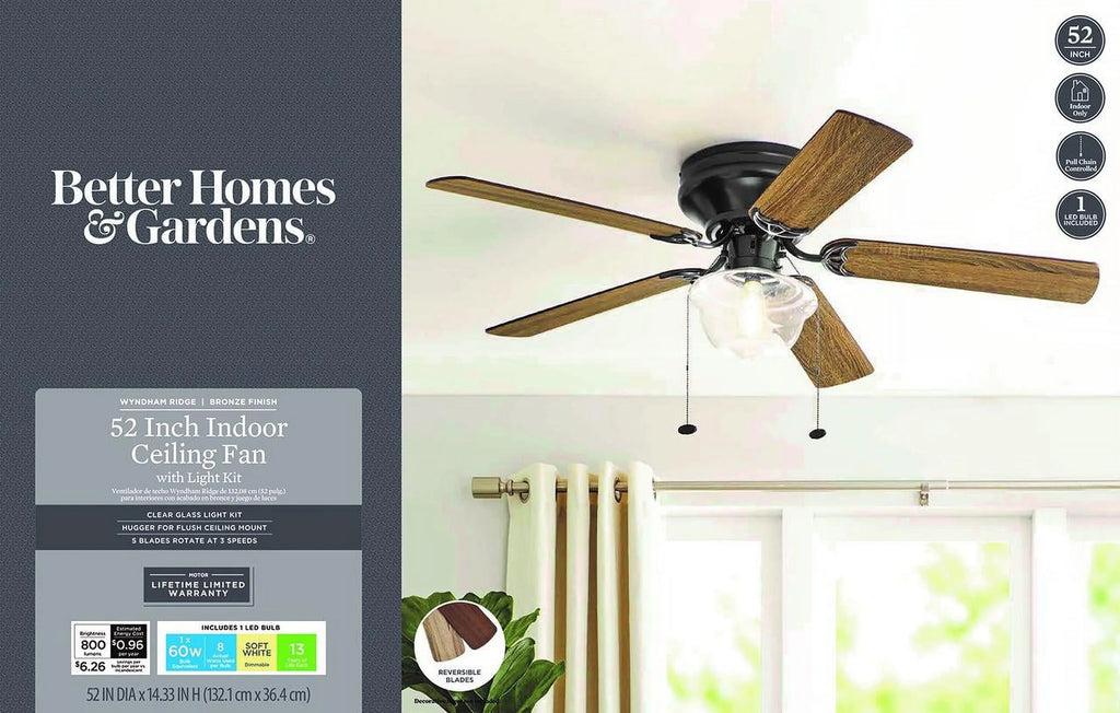 Better Homes & Gardens Wyndham 52" Bronze Ceiling Fan with Light, 5 Blades, Pull Chains & Reverse Airflow