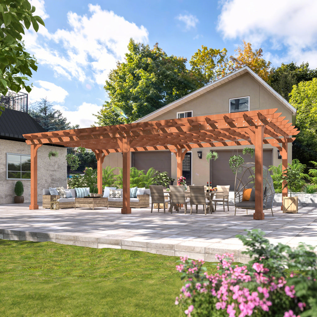 VEIKOUS 12'x10' Cedar Wood Pergola w/ Flat Roof and Ground Stakes for Outdoor Patio, Garden, Deck