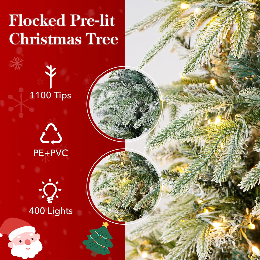 Qunler 9ft Snow Flocked Christmas Tree with 2028 Tips, Artificial Snowy Xmas Pine Tree with Reinforced Metal Base for Home Office Party Holiday Decorations ,White(NO Light)