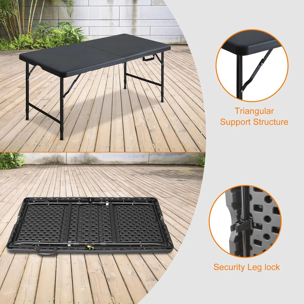 Folding Table with Carry Handle, Portable Fold-in-Half Plastic Table, Rectangle Foldable Table for Indoor
