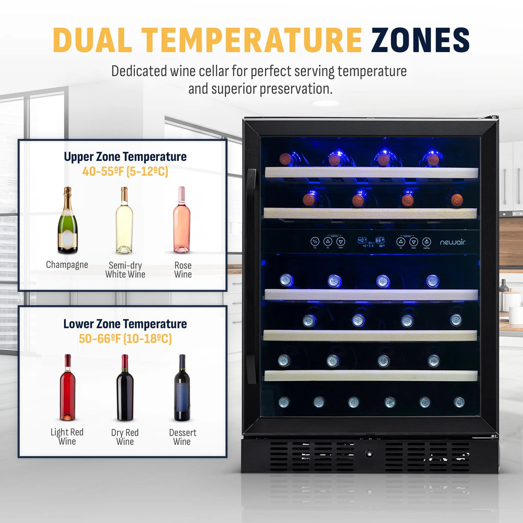 Newair 24-inch 46 Bottle Wine Cooler Refrigerator, Built-in Dual Zone Wine Fridge in Black Stainless Steel for Home, Office or Bar