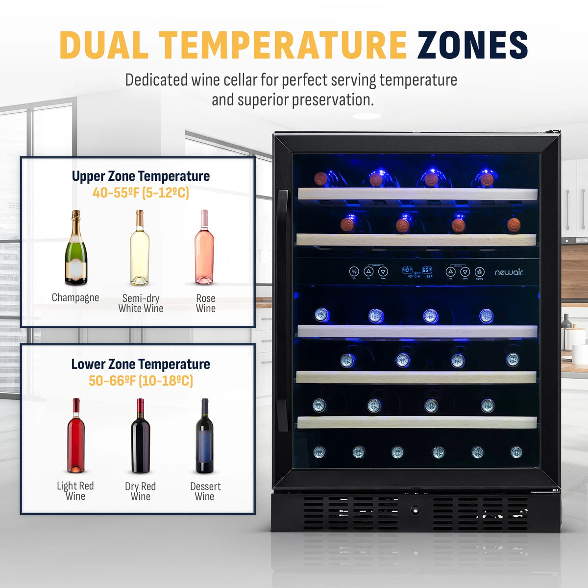 Newair 24-inch 46 Bottle Wine Cooler Refrigerator, Built-in Dual Zone Wine Fridge in Black Stainless Steel for Home, Office or Bar