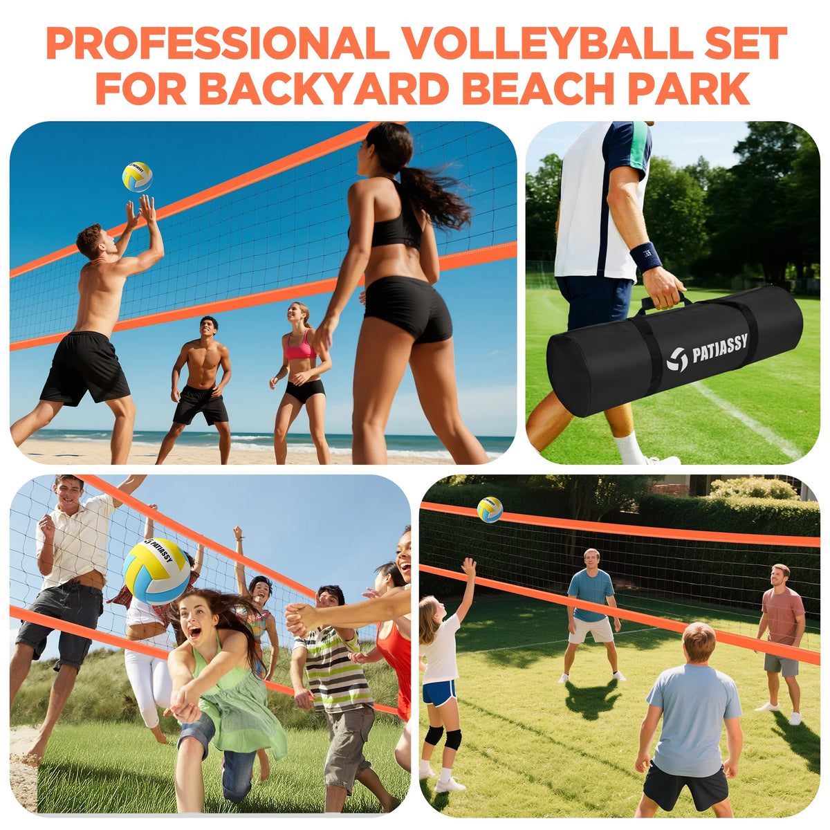 Patiassy Portable Professional Outdoor Volleyball Net Set for Backyard Beach with Adjustable Height Aluminum Poles, Winch System, Volleyball with Pump