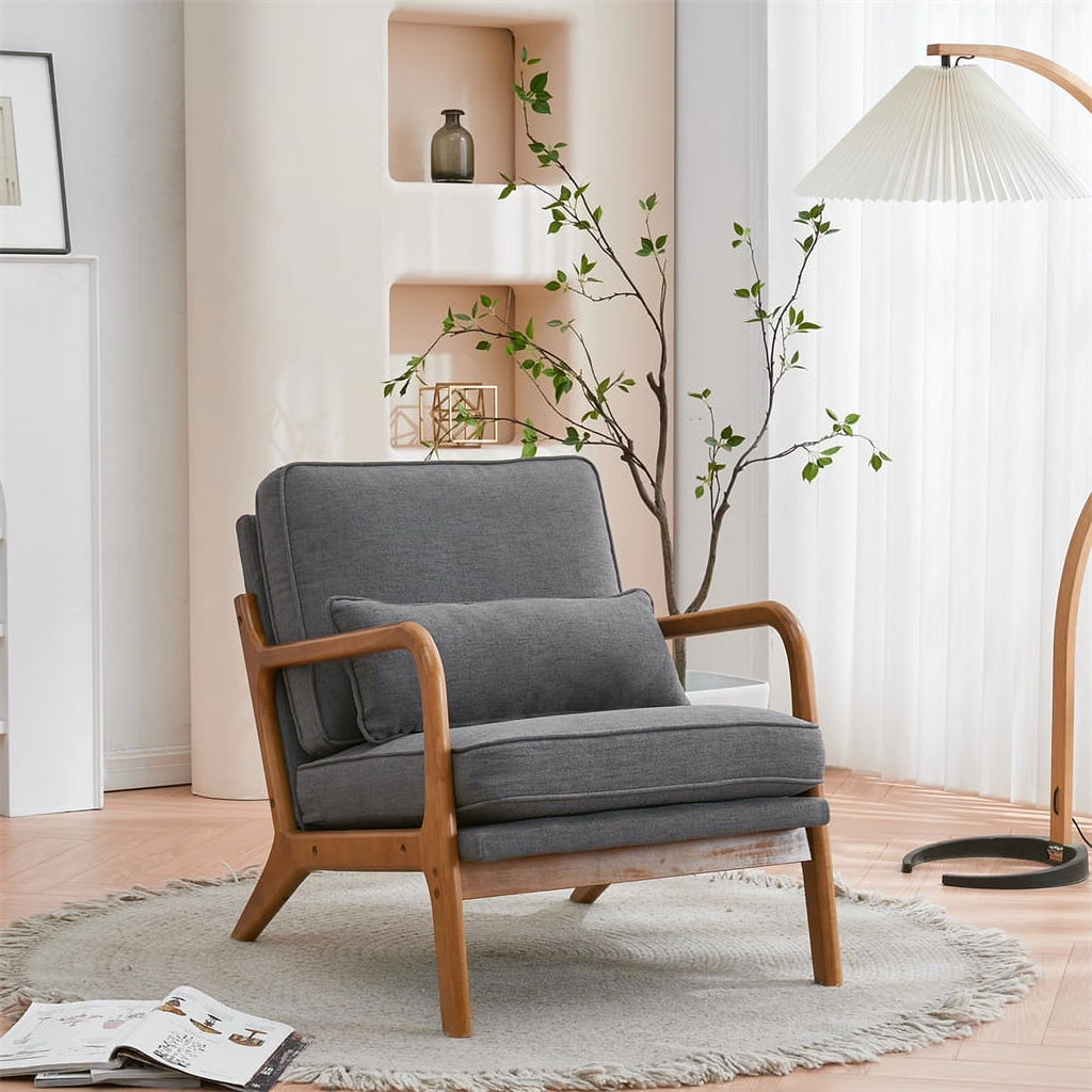 Modern Accent Chair, Upholstered Armchair with Wood Frame, Bronzing Cloth Single Sofa Chair with Lumbar Pillow for Living Room Bedroom Apartment, Orange