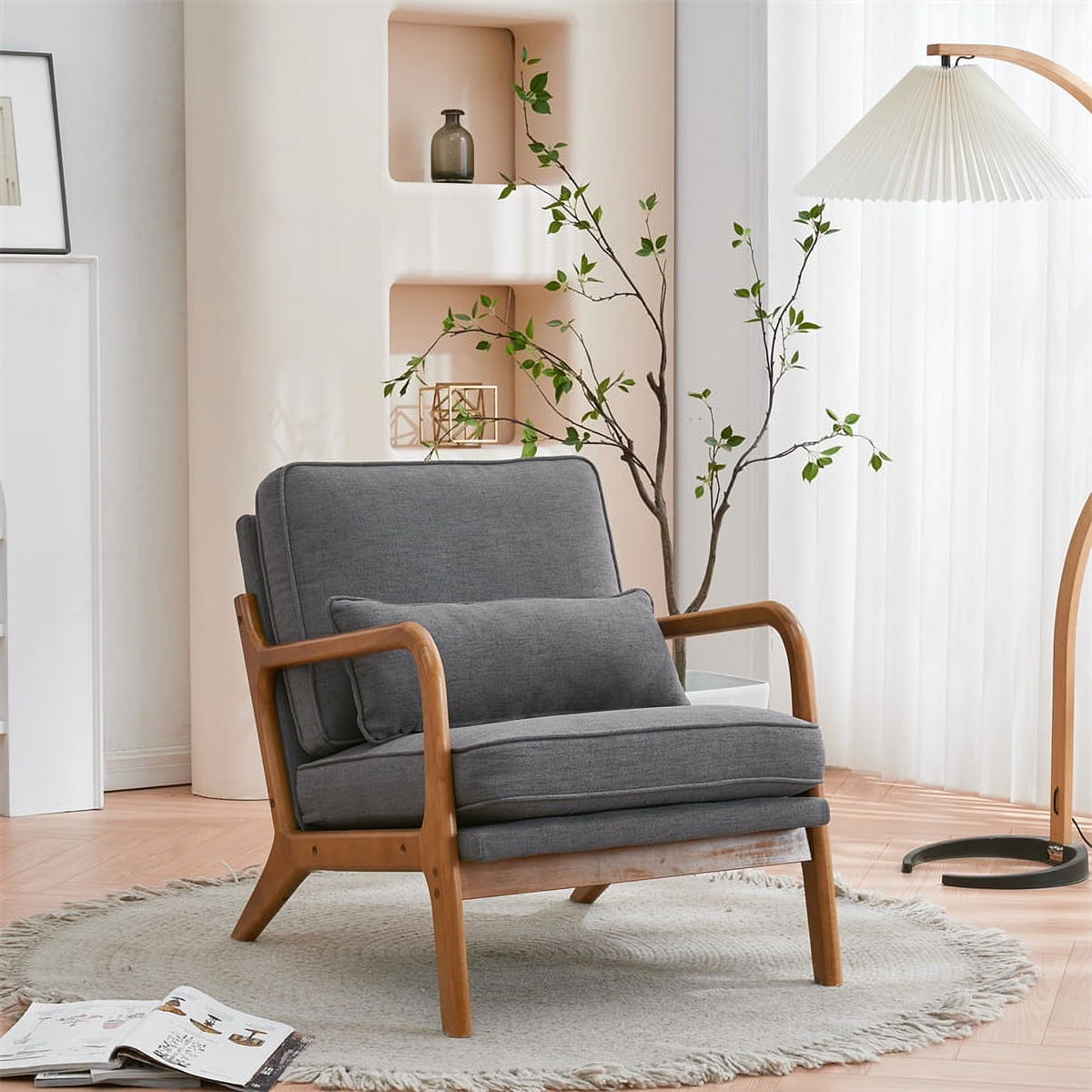 Modern Accent Chair, Upholstered Armchair with Wood Frame, Bronzing Cloth Single Sofa Chair with Lumbar Pillow for Living Room Bedroom Apartment, Orange