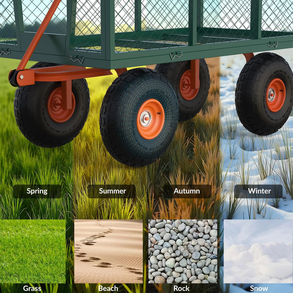 Heavy Duty Steel Garden Cart, Garden Wagon Cart on Wheels, Outdoor Metal Yard Utility Wagon Carts  w/Adjustable Handle & Removable Sides(Convert to Flatbed)