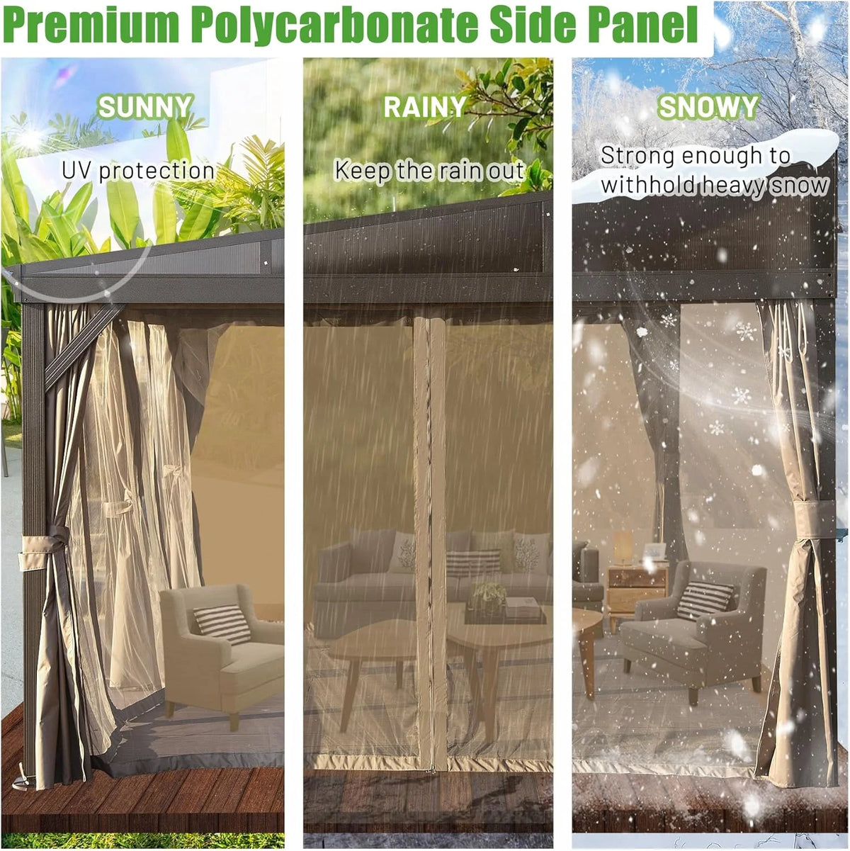 TOTAL Outdoor 10'x12' All-Season Sunroom Gazebo with Steel Roof, PVC Screen, Front & Side Door, Brown