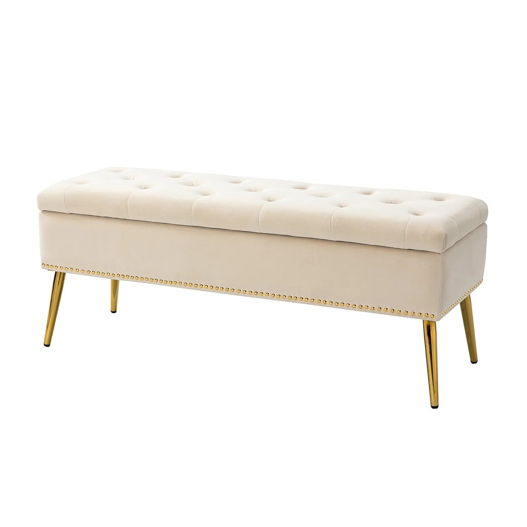 14 Karat Home Velvet Storage Ottoman Bench Gold Leg Upholstered Nailhead Trim Button Tufted Footstool Entryway Bedroom Living Room Pink