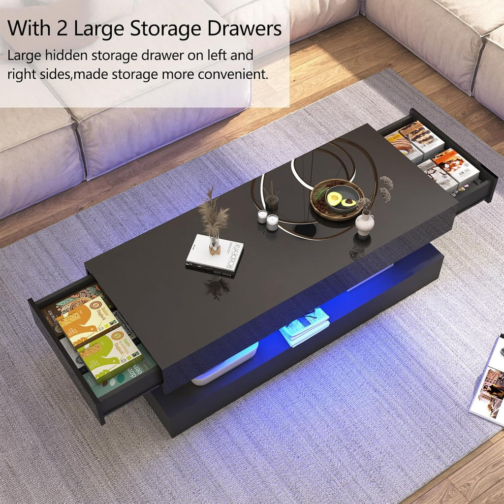 ChVans Large Black LED Coffee Table with 2 Storage Drawers, Modern High Gloss Coffee Table w/20 Colors LED Lights/APP Control, 2 Tiers Rectangle Large Living Room Furniture w/Marbling Print(47.3")