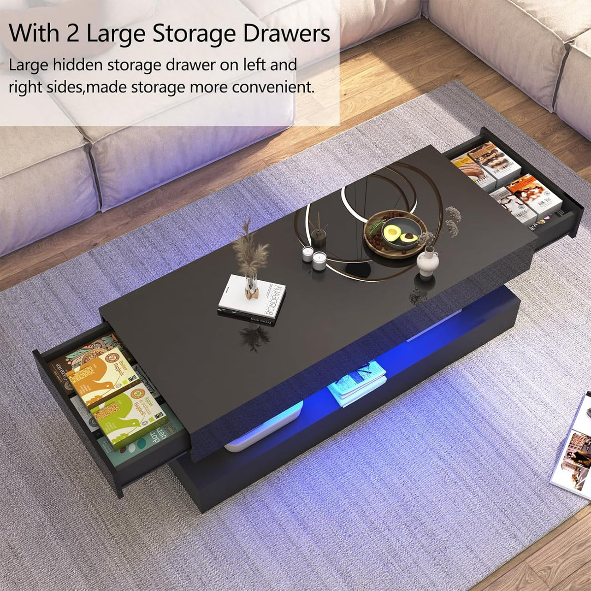 ChVans Large Black LED Coffee Table with 2 Storage Drawers, Modern High Gloss Coffee Table w/20 Colors LED Lights/APP Control, 2 Tiers Rectangle Large Living Room Furniture w/Marbling Print(47.3")