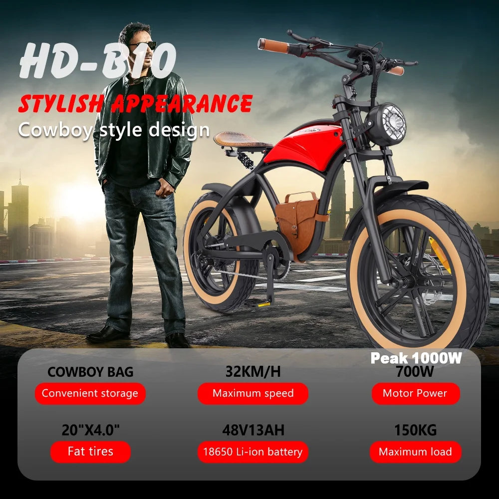 Hidoes B10 Electric Mountain Bike for Men/Woman 1000W Adult Electric Bicycle 20" Fat Tire Off Road E-bike with Removable Battery up to 28 mph,Free Shipping, Red