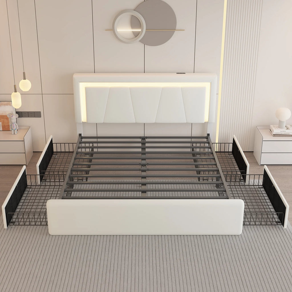 Full Size Upholstered LED Bed Frame with 4 Storage Drawers, Faux Leather Platform Bed with Adjustable Headboard, White
