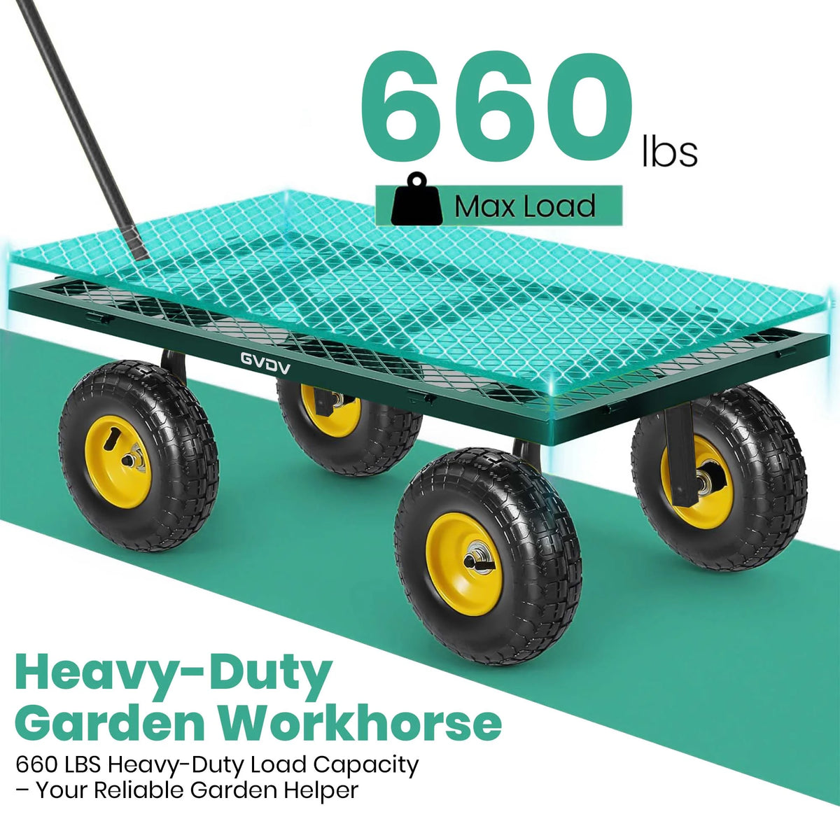 GVDV Heavy Duty Steel Garden Cart with Liner, 660lbs Capacity, 3 Cu ft, 10" All-Terrain Wheels, Black/Yellow Durable Utility Cart for Yard Work, Hauling, and Outdoor Use