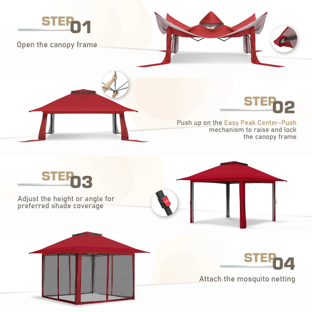 EAGLE PEAK 13' x 13' Pop-Up Gazebo Tent Instant w/Mosquito Netting，Outdoor Gazebo Canopy Easy Set-up Folding Shelter (Beige/Brown)