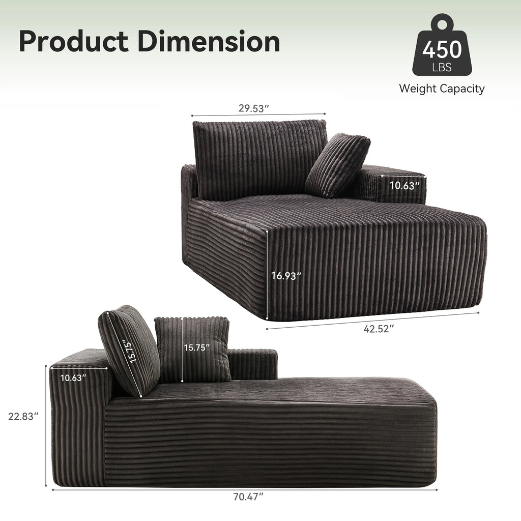LUMIHO Chaise Lounge Chair Indoor, 42" Sleeper Chair with Two Throw Pillows and Armrests, Corduroy Chaise Couch Chair with Ottoman for Living Room, Bedroom, Apartment, Green