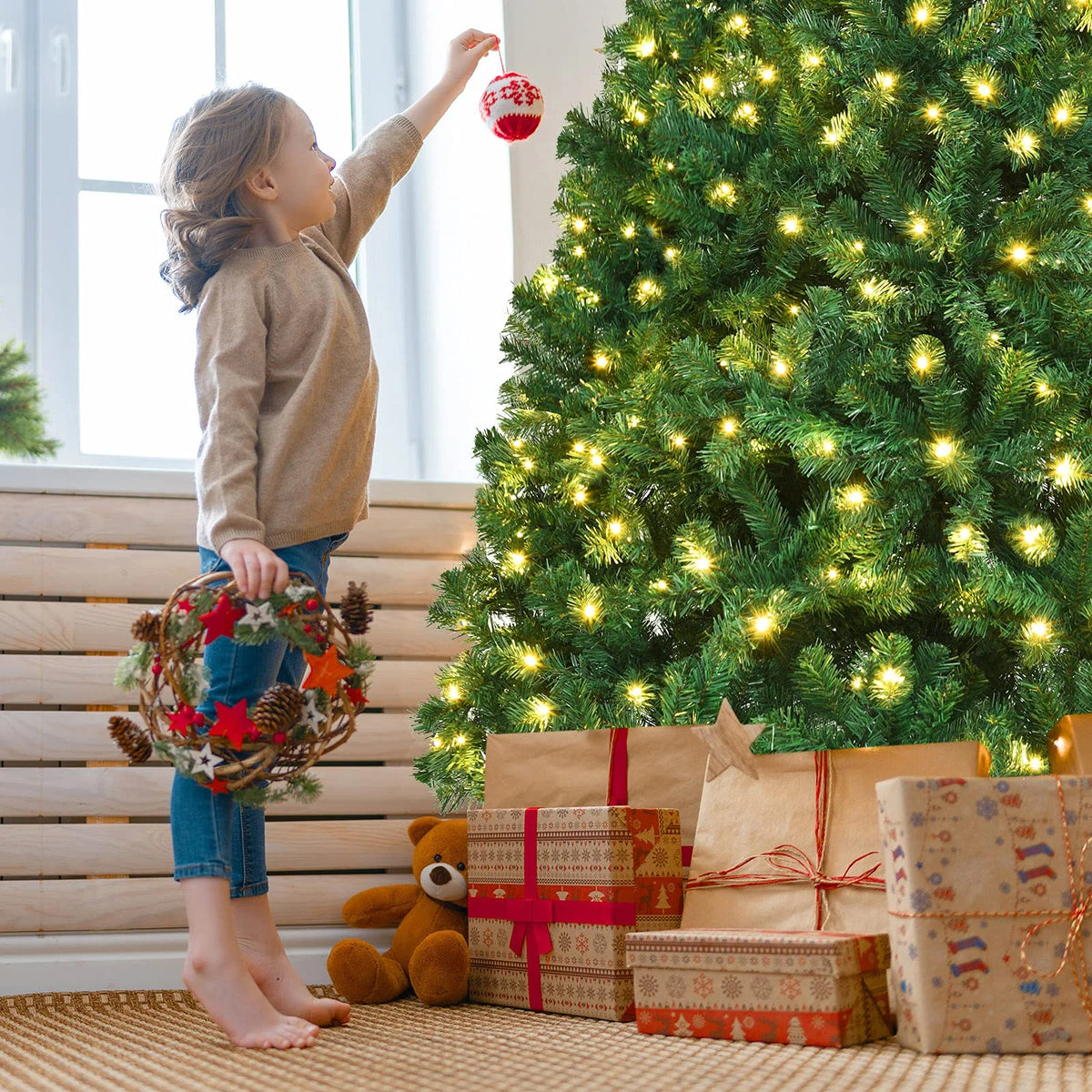 Vebreda 6FT Pre-Lit Artificial Christmas Tree with 300 Warm White LED Lights, Hinged Branch Design, Eco-Friendly PVC Needles & Foldable Metal Stand for Home, Office & Holiday Dcor