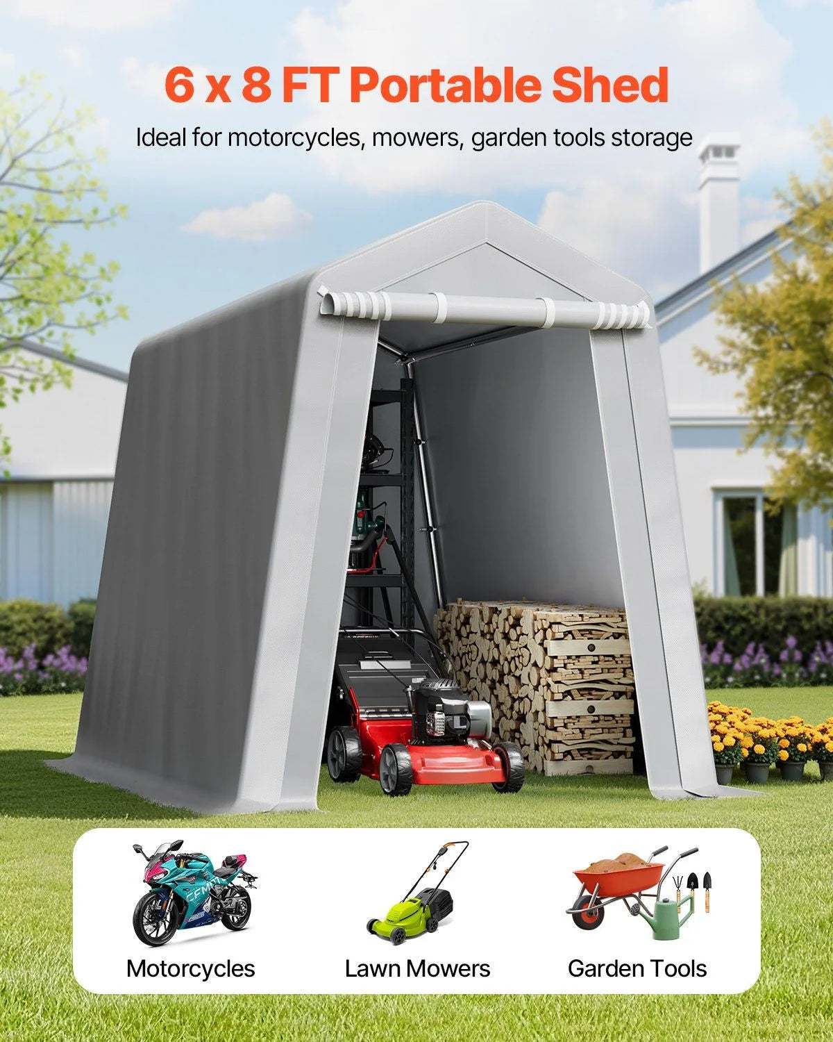 6X8ft waterproof portable canopy carport, metal frame yard tool storage tent, quick assembly weatherproof