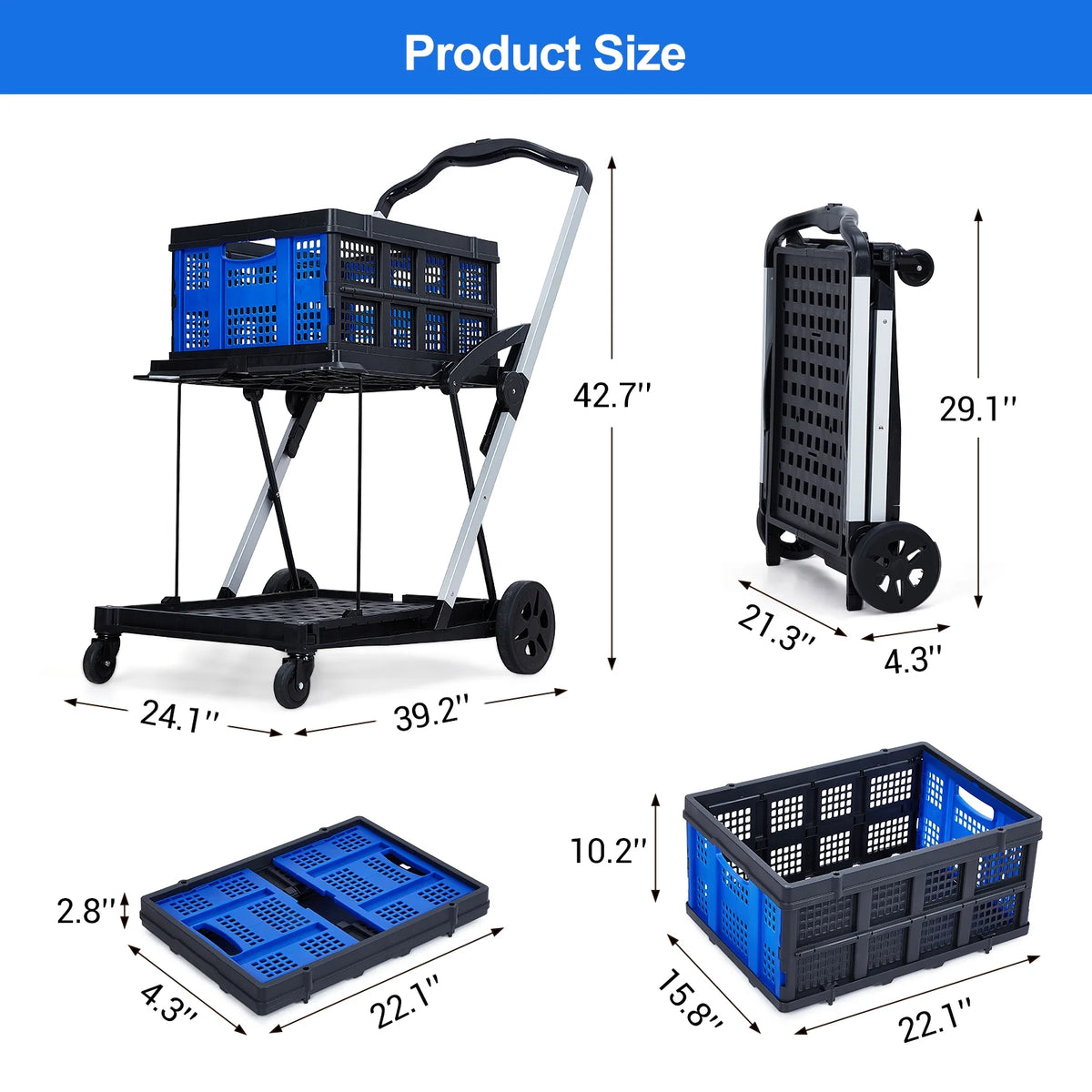Garvee Foldable Shopping Cart for Groceries, 2-Tier Collapsible Utility Carts with Wheels & Removable Storage Crate, Aluminium & PP, Portable for Supermarket & Home Use