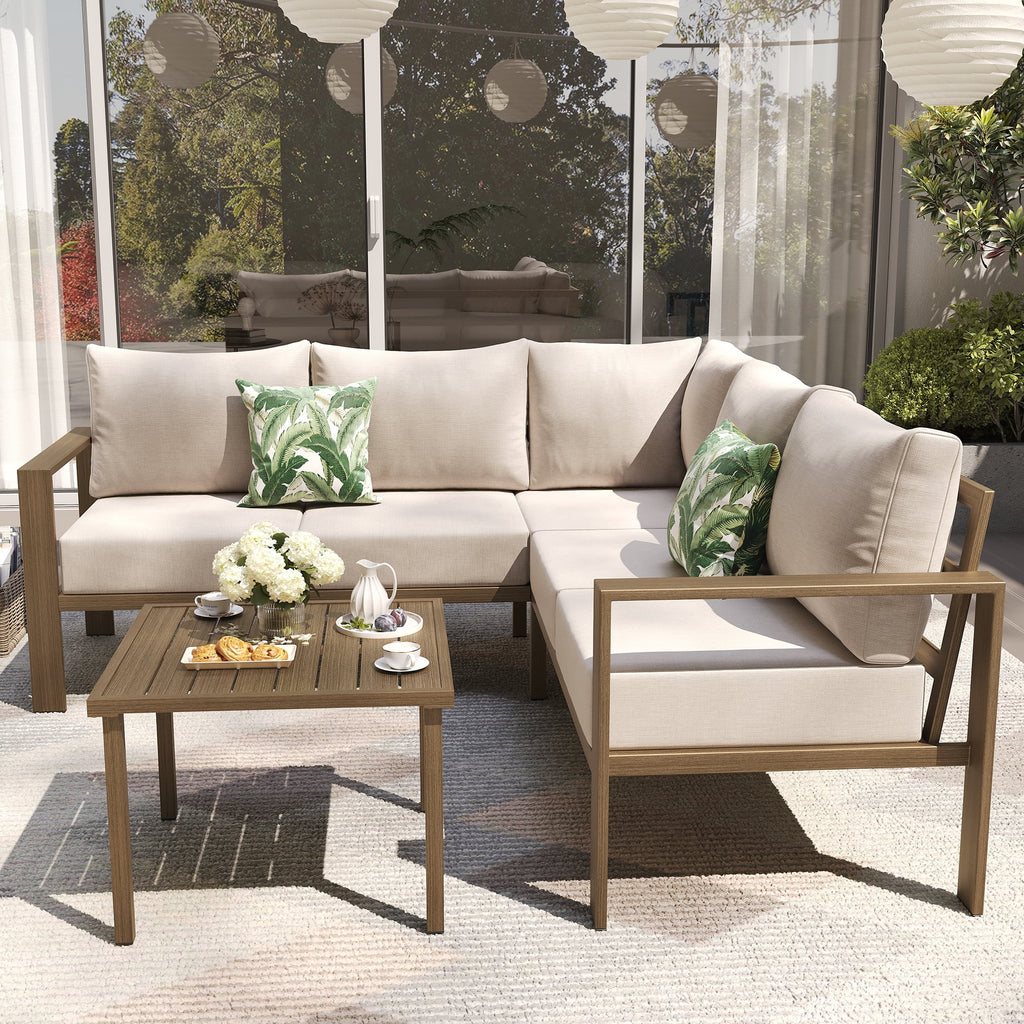 ELPOSUN 6 Pieces Patio Furniture Sets with 6" Thick Olefin Cushions, Metal Outdoor Sectional Furniture L Shape Patio Conversation Sets for Garden, Backyard Beige