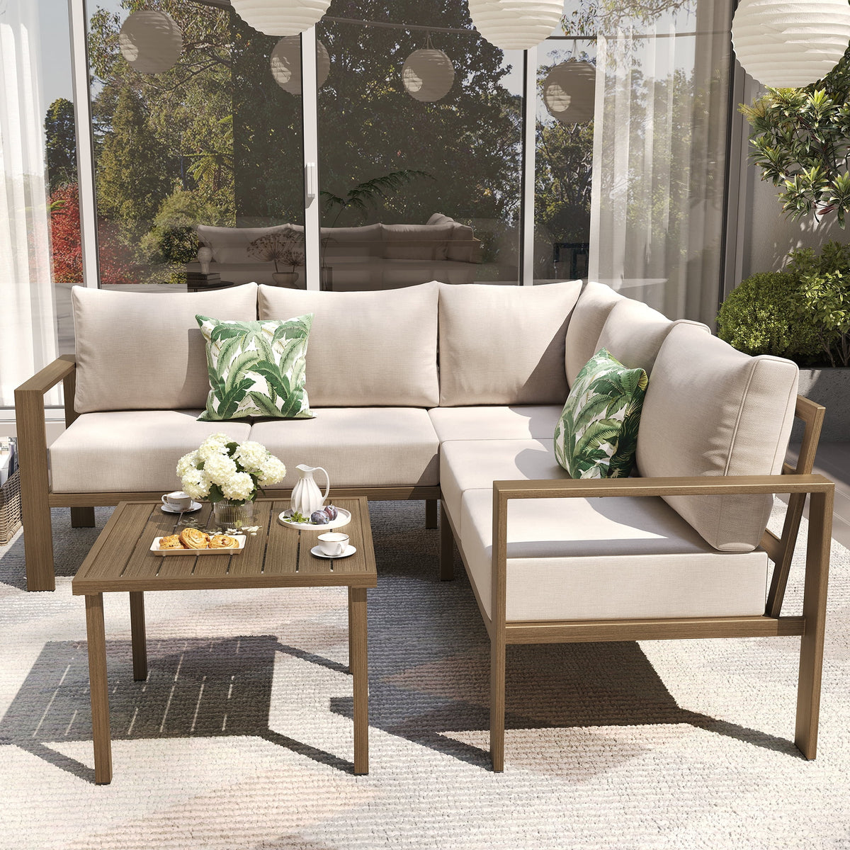 ELPOSUN 6 Pieces Patio Furniture Sets with 6" Thick Olefin Cushions, Metal Outdoor Sectional Furniture L Shape Patio Conversation Sets for Garden, Backyard Beige