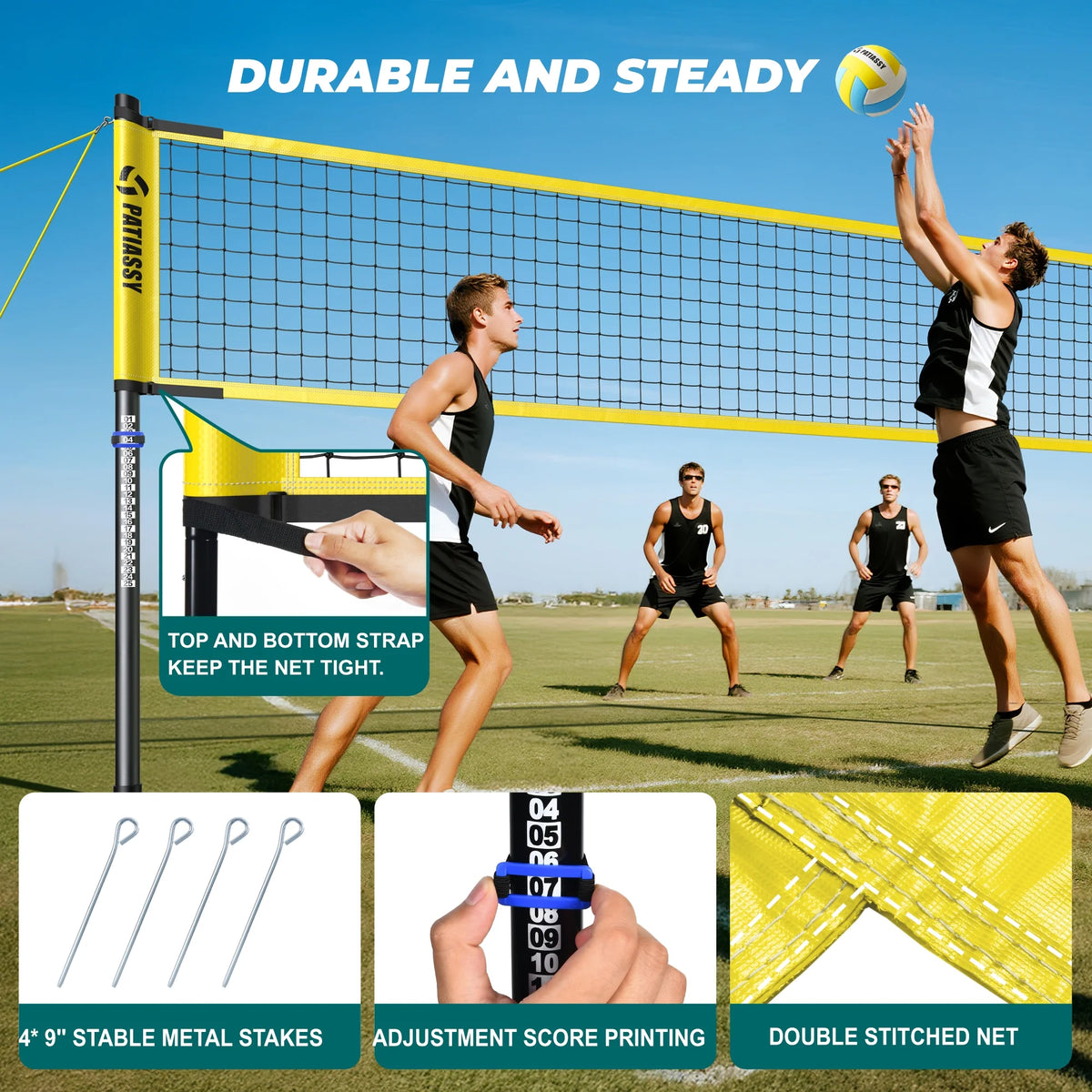Patiassy Outdoor Portable Volleyball Net Set System for Backyard - Quick & Easy Setup Adjustable Height Steel Poles, PU Volleyball, Pump and Carrying Bag