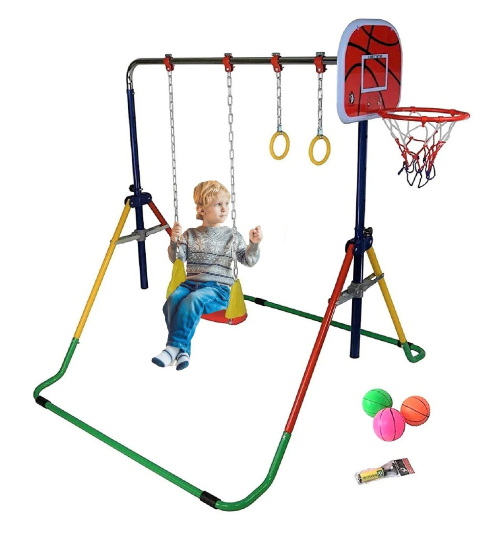 Adjustable Height Gymnastics Bar for Kids Kip Bar 6 in 1 Set, 6'x2' Gymnastic Tumble Mat, Swing Seat, 2 Trapeze Rings, Basketball Hoop, Home Junior Training Monkey Bars Fitness Balance Horizontal Bar
