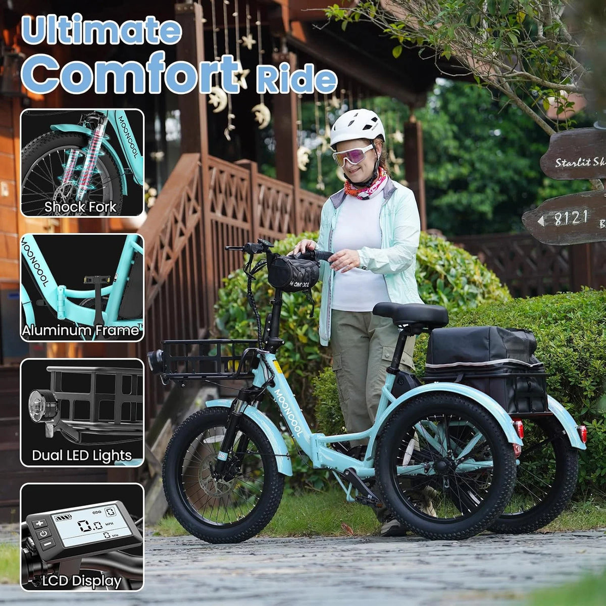 MOONCOOL TK1 Folding Electric Tricycle for Adults,48V 14.5Ah Removable battery, 500W Peak 1000w Motor, 20" Fat Tire Step-Thru 3Wheel Electric Bicycle w/Front&Rear Baskets, Certified to UL 2849 by SGS