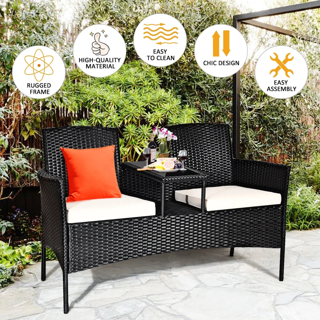 Costway Patio Rattan Conversation Set Seat Sofa Cushioned Loveseat Chairs Turquoise