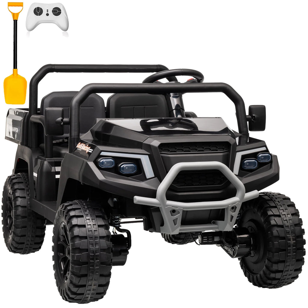 Joyracer 4WD 24 Volt Ride on Toys UTV with 2 Seater & Remote Control, Kids Electric Golf Cart w/ 4x200W Power Motors, Tiltable Trailer & Shovel, 4 Wheels Spring Suspension, Bluetooth USB Music, Black