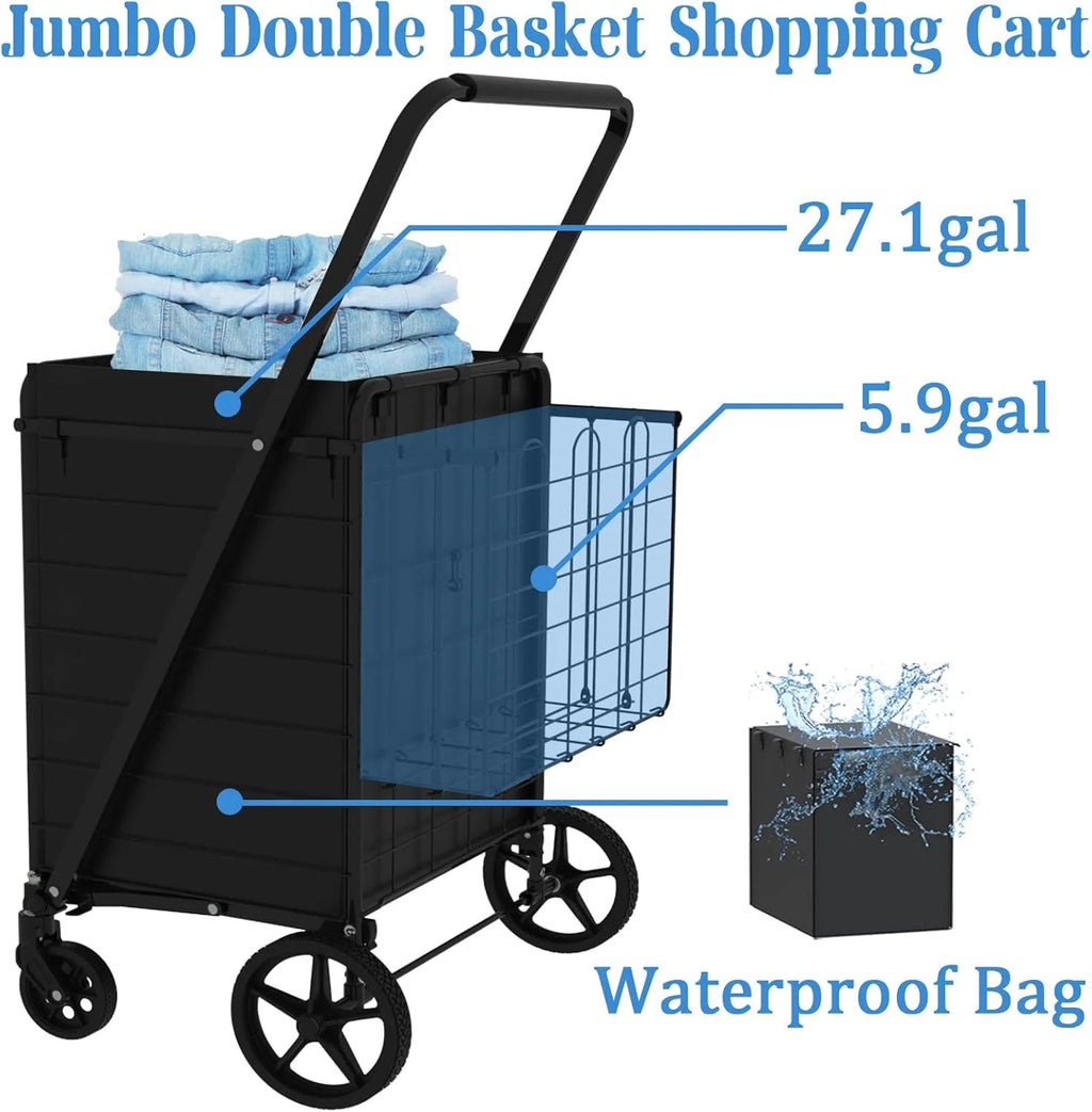 Heavy Duty Folding Shopping Cart for Groceries, Jumbo Double Basket with 360 Swivel Wheels & Waterproof Bag, Portable Utility Cart for Shopping, Laundry, Holds Up to 320 LBS