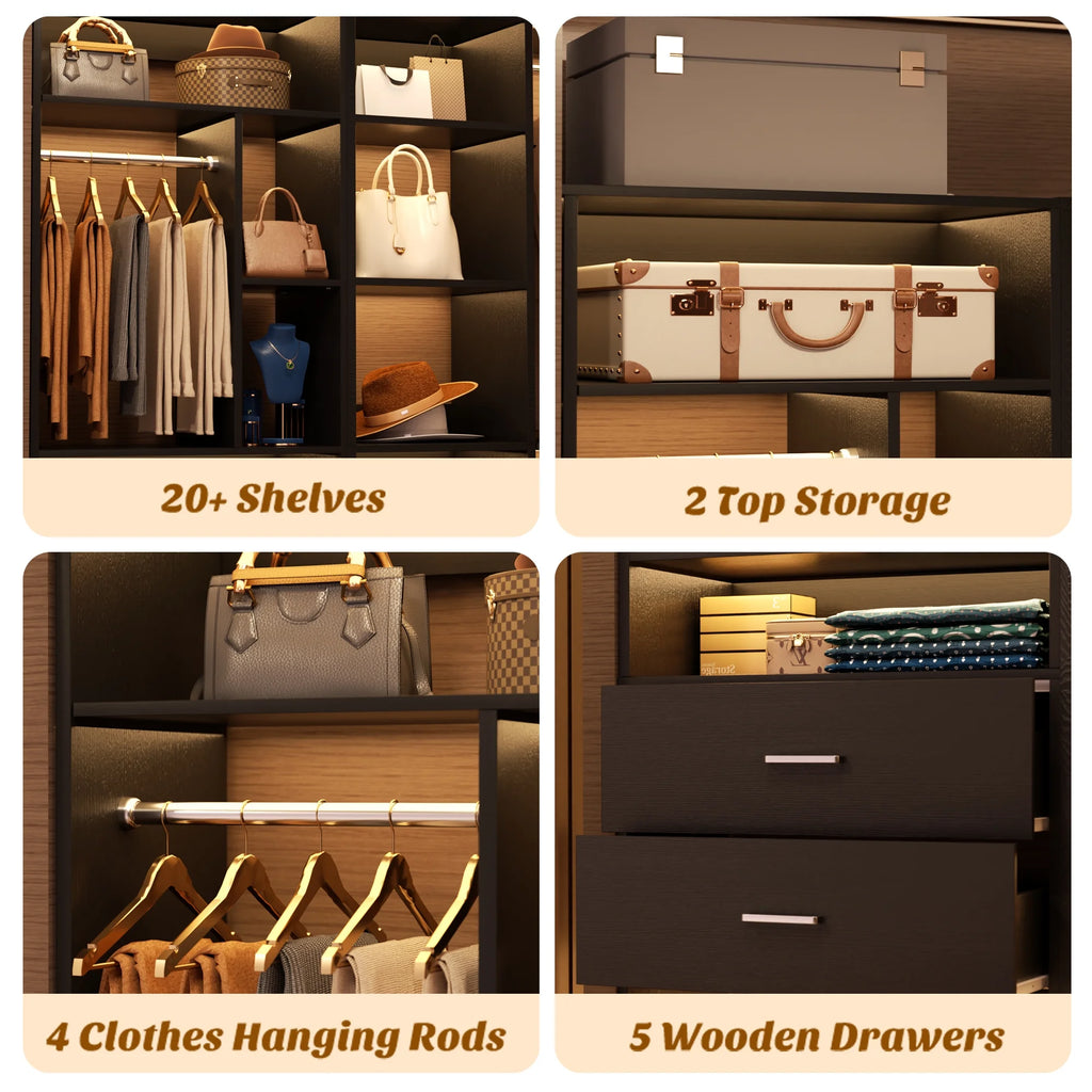 Homieasy Freestanding Closet System with 3 Sets, 87.2" Closet Organizer System with 5 Drawers & 4 Hanging Rods, Reversible L Shaped Walk-in Closets, Black