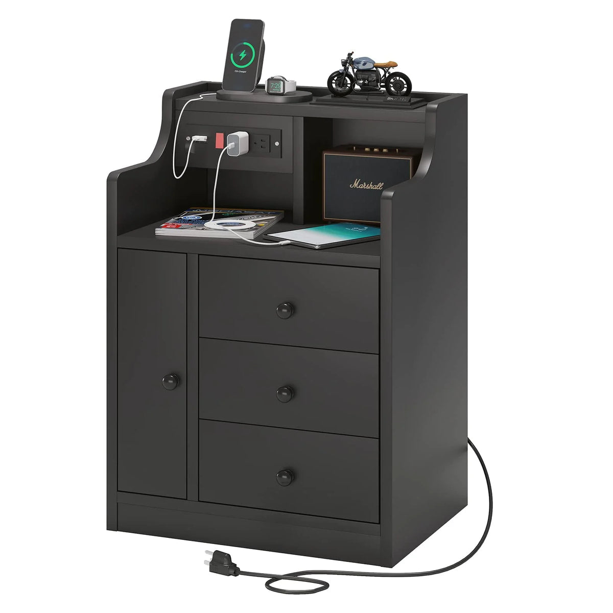 Nightstand with 3 Storage Drawers and Hutch, Black Night Stand with Charging Station End Side Table with 1 Door, Modern Bedside Table for Bedroom