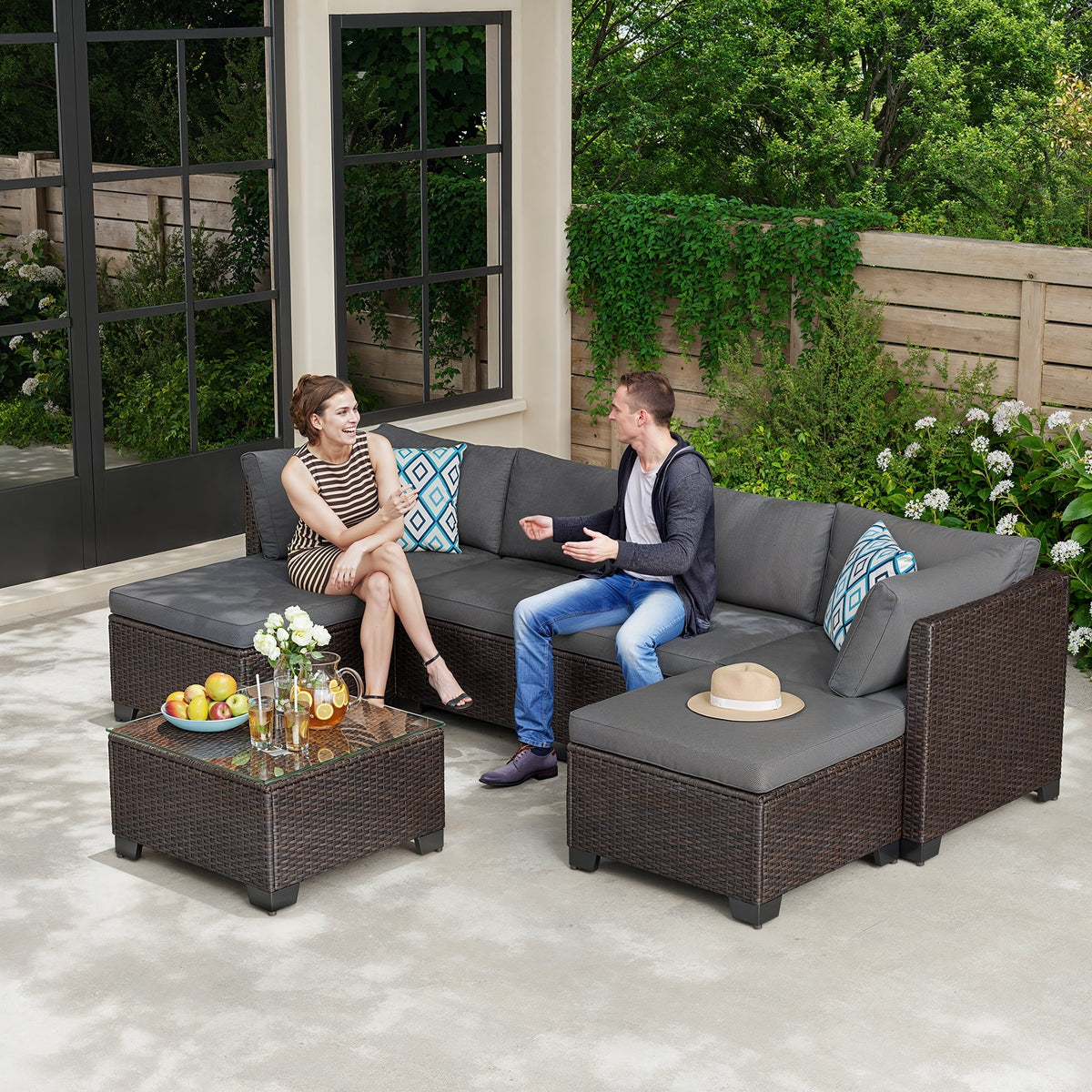 7 Piece Outdoor Patio Furniture Set, Asofer Rattan Wicker Outdoor Conversation Sectional Sofa Set, Gray