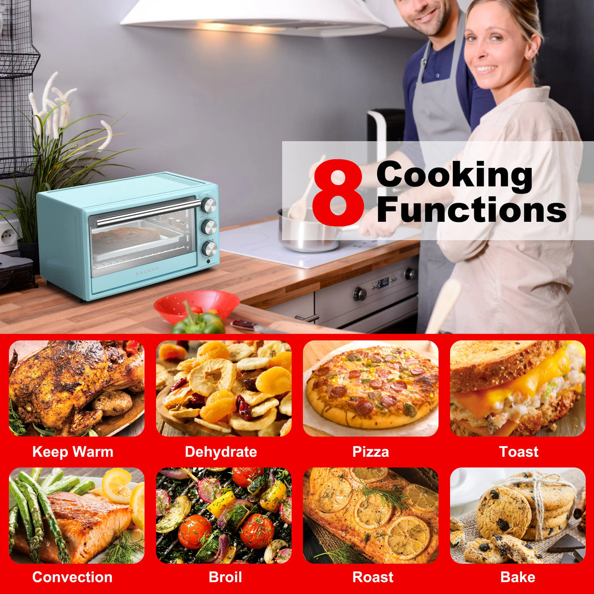 Galanz Retro Toaster Oven, True Convection, Indicator Light, 8 Cooking Programs, 1500W, 120Volts, 0.9 Cu.Ft Capacity, Blue