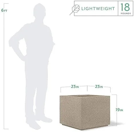 PolyStone Monterray Modern Outdoor/Indoor Square Planter, 23" L x 23" W x 19" H, Lightweight, Heavy Duty, Weather Resistant, Polymer Finish, Commercial Grade and Residential (Concrete Gray)