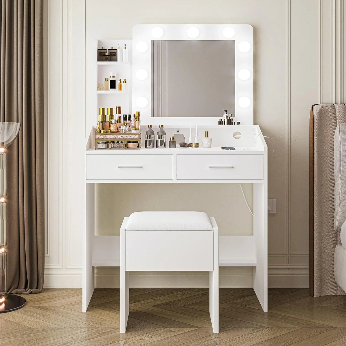 OYang Makeup Vanity with Lights, Vanity Desk with Mirror and Lights Set, Large Drawer and Two-Tier Lots Storage Cabinet, 3 Lighting Modes Adjustable Brightness