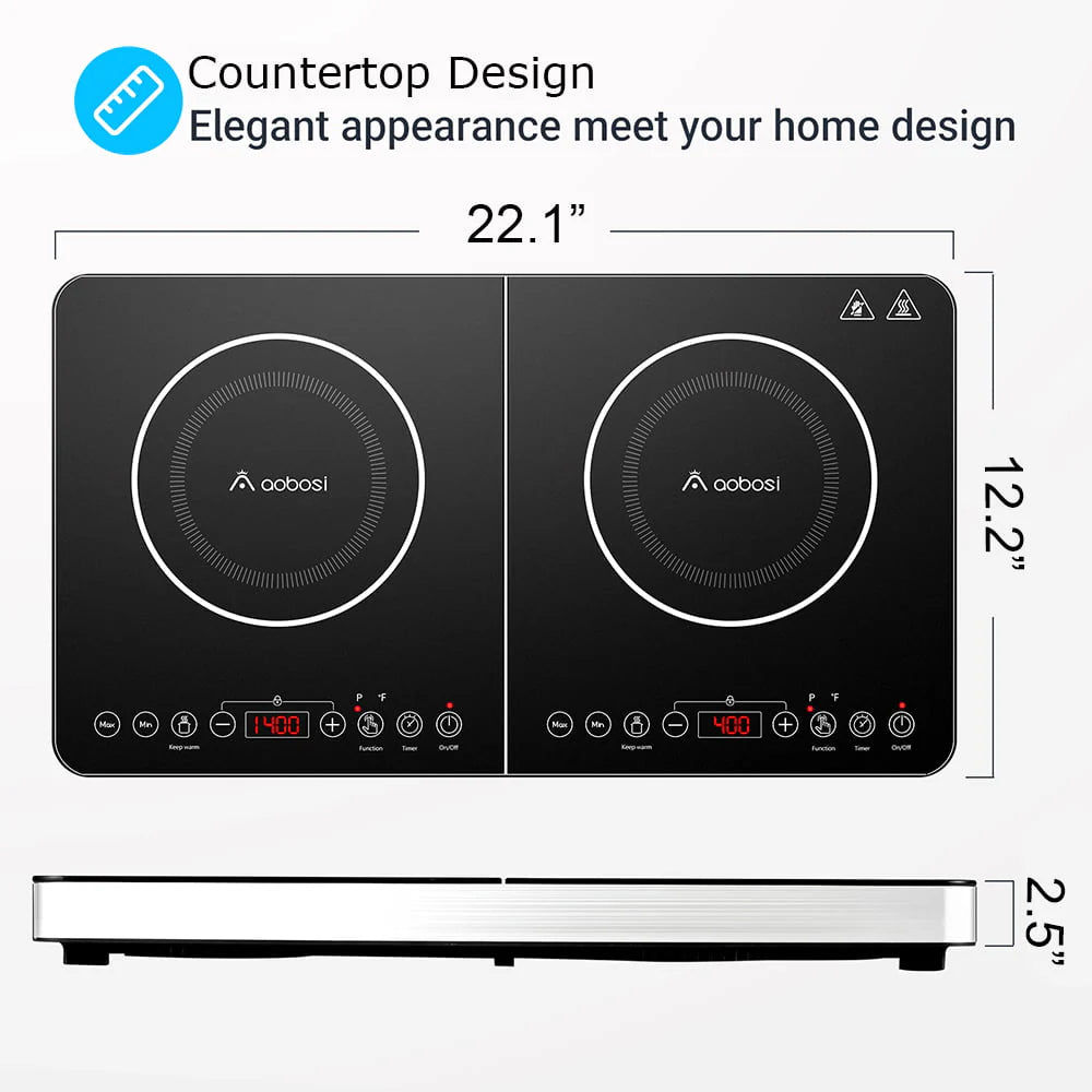 Aobosi Electric Double Induction Cooktop 1800W Portable Ultrathin with Sensor Touch, 10 Temperature 9 Power Settings 4 Hour Timer, Over-heating Protection & Child Safety Lock for Kitchen Garden Office