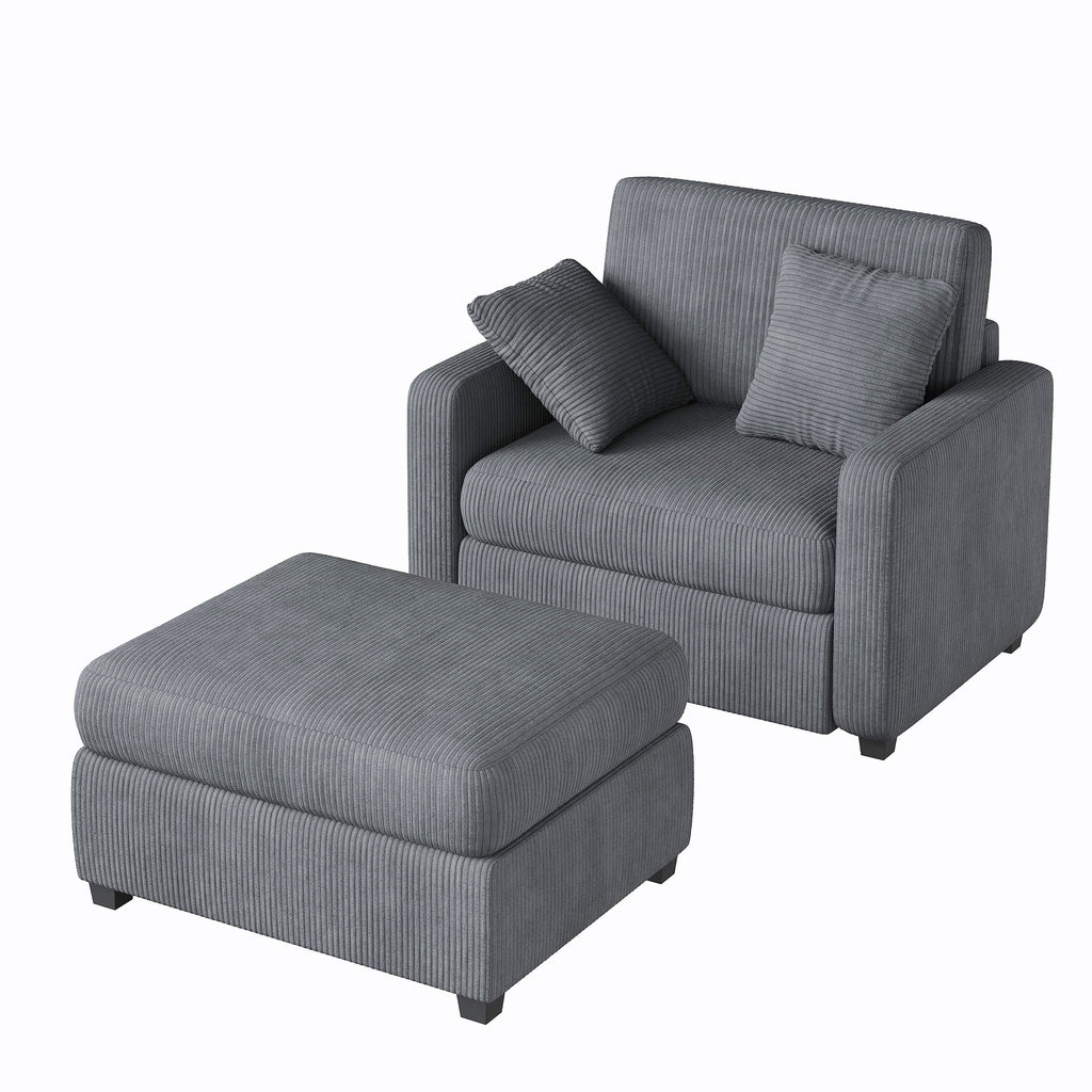 LUMIHO Chaise Lounge Chair Indoor, 42" Sleeper Chair with Two Throw Pillows and Armrests, Corduroy Chaise Couch Chair with Ottoman for Living Room, Bedroom, Apartment, Green