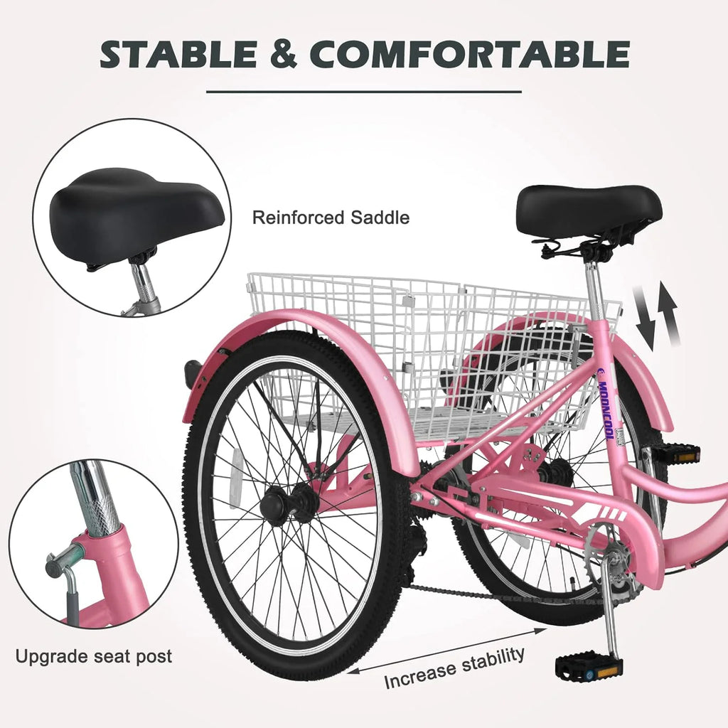 FICISOG 7 Speed Adult Tricycle for Women, 20/24/26 Inch Adult Trike with Basket, 3 Wheel Bikes for Adults Seniors, Cruise Trike for Shopping Picnic