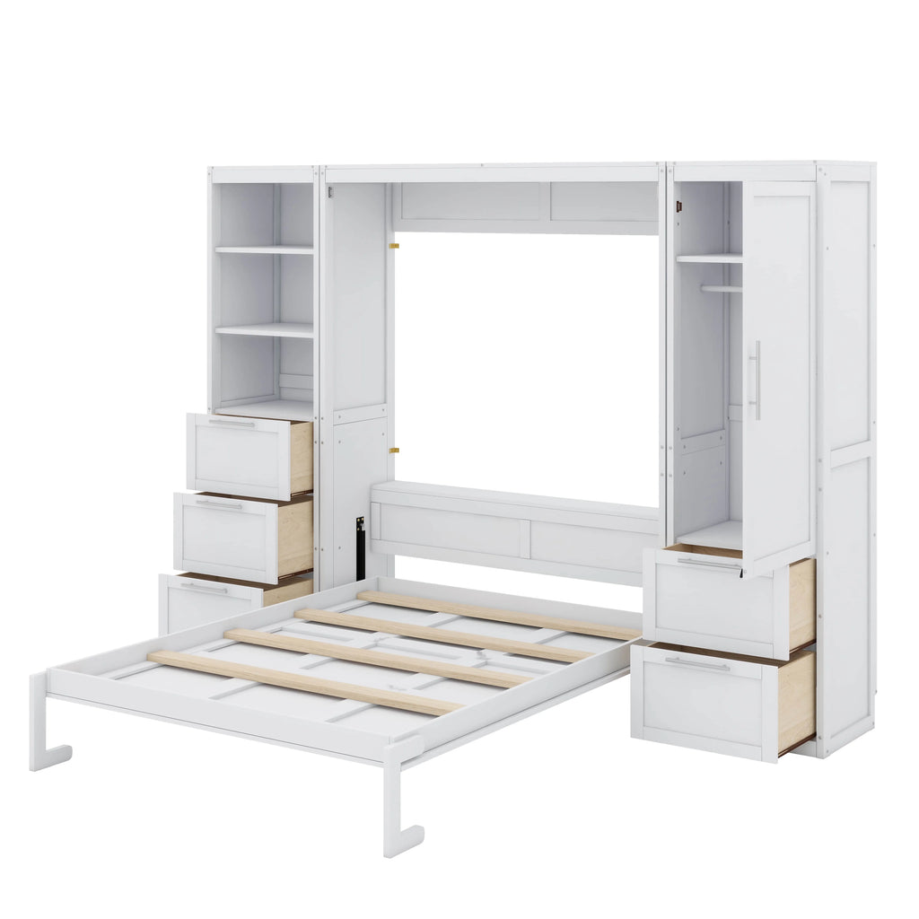 YunNianYang Queen Size Gray Murphy Bed Wall Bed with Closet ,Drawers and Shelves