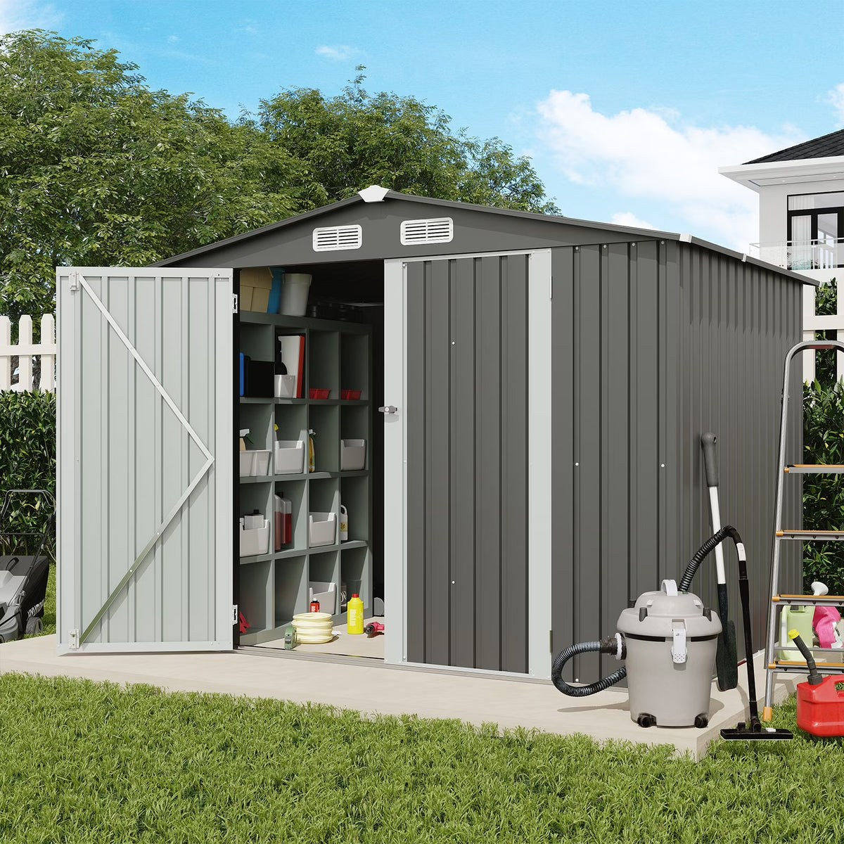 JOIVI 8'x6' Outdoor Storage Shed, Galvanized Metal Tool Storage Shed, Weather Resistant Garden Shed W/Lock for Backyard Patio Lawn, Brown