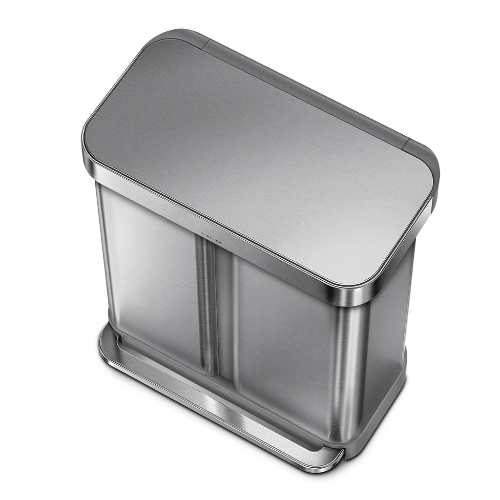 simplehuman 58 Liter / 15.3 Gallon Rectangular Dual Compartment Recycling Step, Brushed Stainless Steel with Soft-Close Plastic Lid Kitchen Trash Can