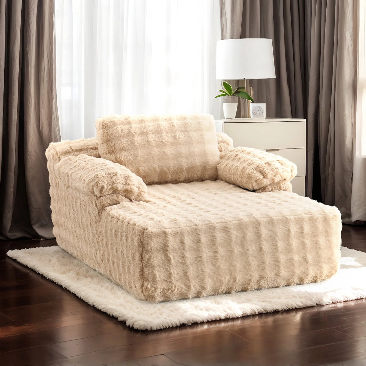 Ktaxon 68" Lounge Chair, Bubble Fleece Fabric Sofa Bed, Boneless Sleeper Chaise with Removable Backrest & Pillow-Top Armrests for Living Room White